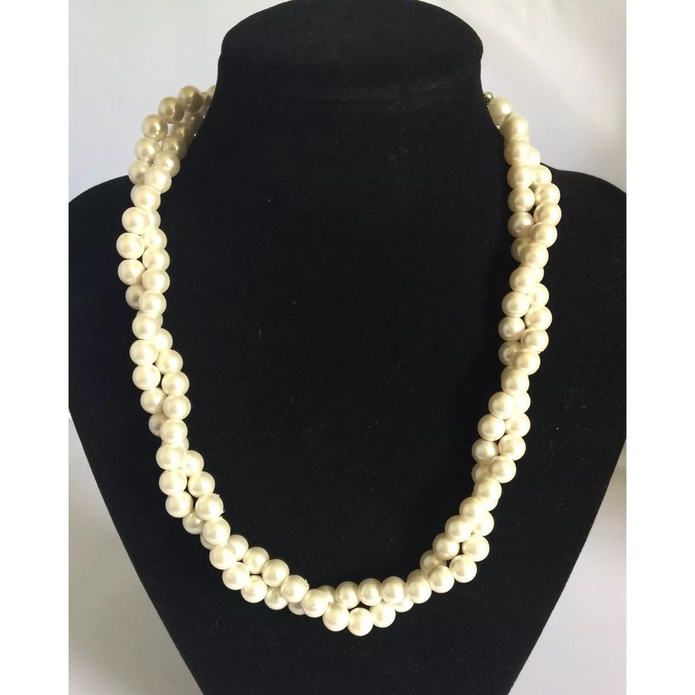 RMN Double Strand Twisted Faux Pearl Necklace Adjustable Clasp Silver Tone
